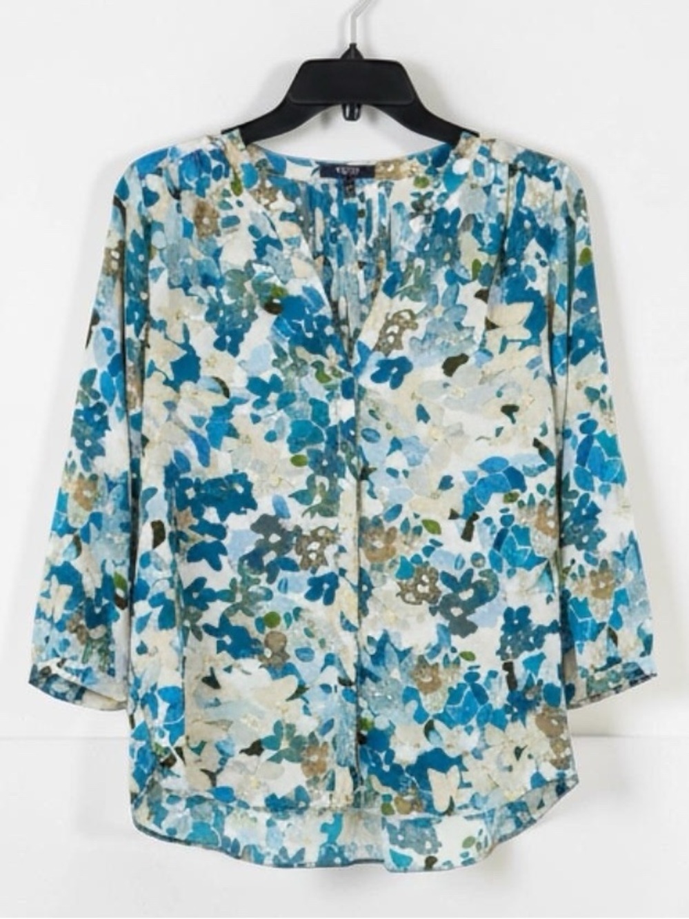 NYDJ Teal Blue Floral Button-Front Blouse